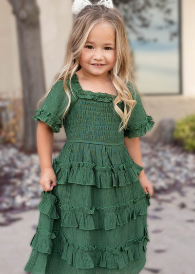 Green ruffle tiered little girl dress