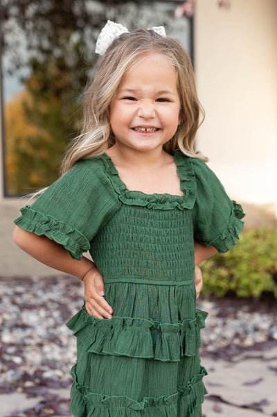 Square neck green ruffle tiered little girl tiered dress