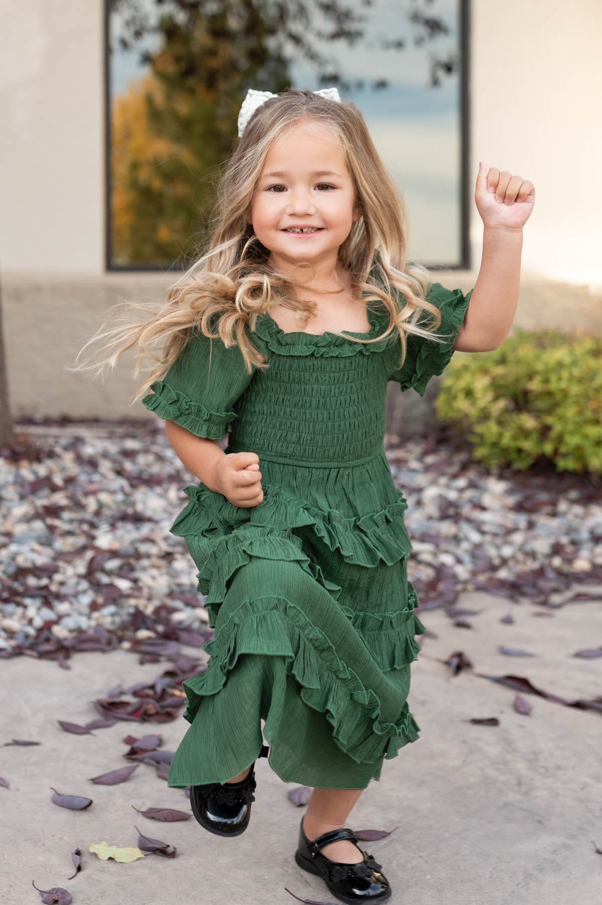 Green ruffle tiered little girl dress with short sleeves