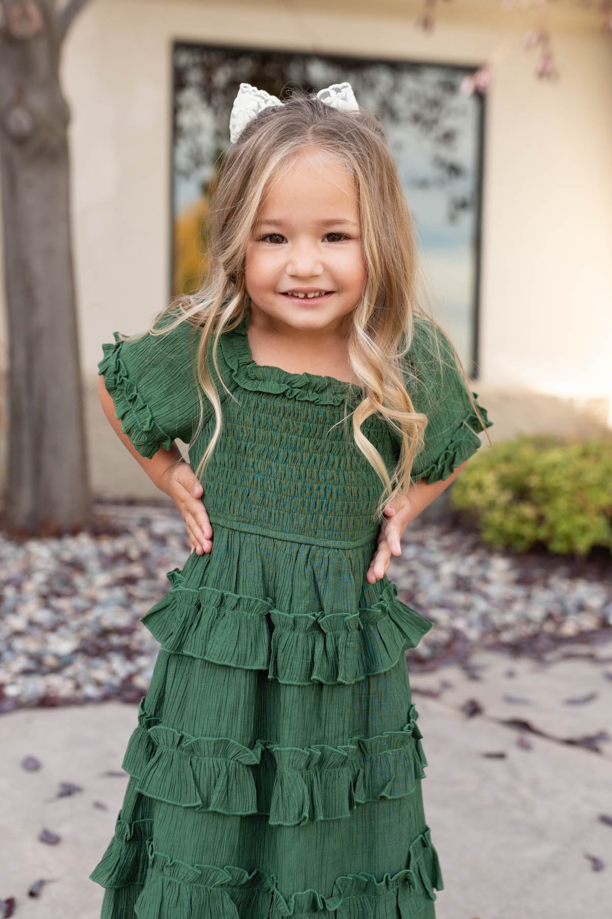 Short sleeve green ruffle tiered little girl dress