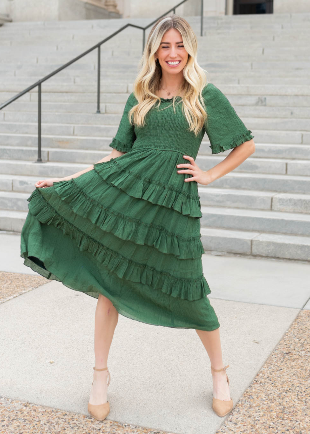 Green textured ruffle tiered dress with smocked bodice