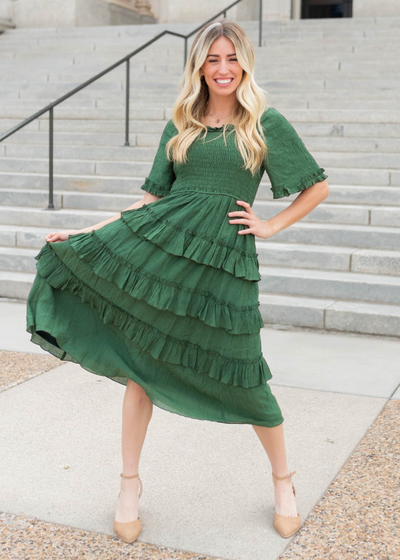 Green textured ruffle tiered dress with smocked bodice