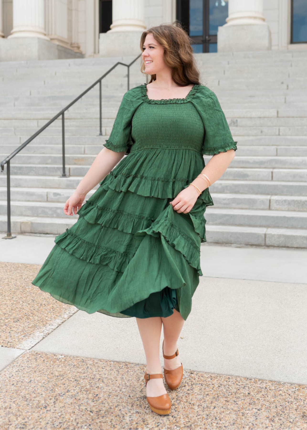 Short sleeve plus size green textured ruffle tiered dress