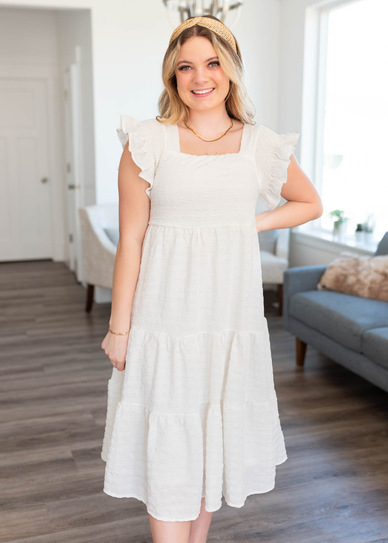 Square neck white textured dress with ruffle sleeves