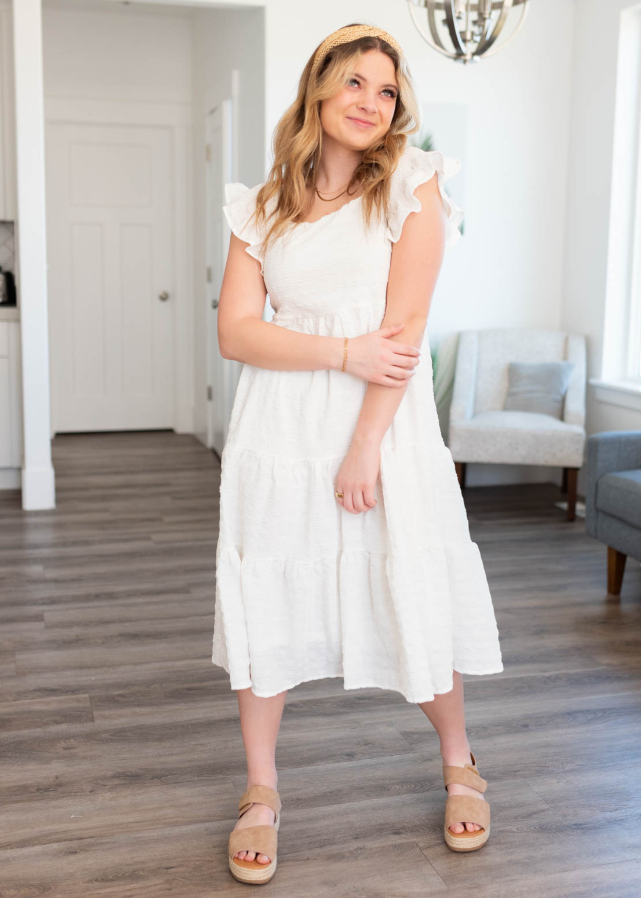 Ruffle sleeve white textured dress