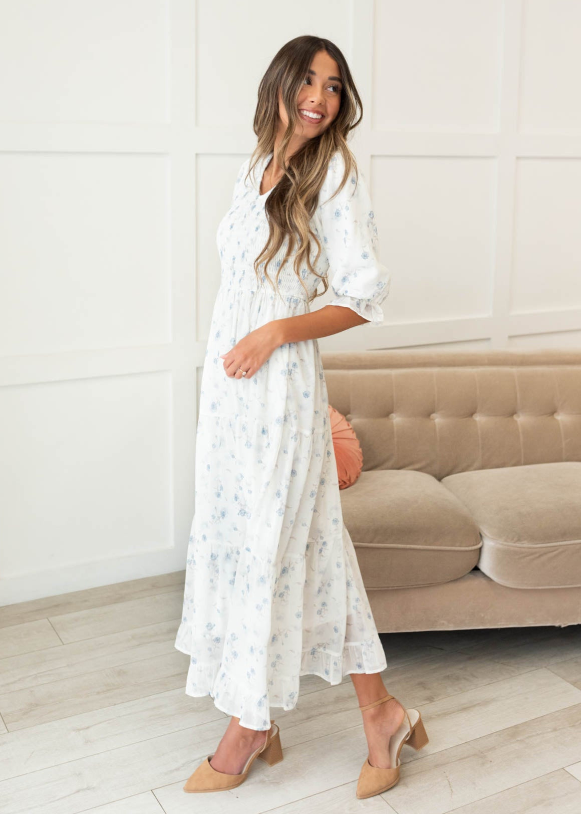 Kristin Light Blue Floral Tiered Dress