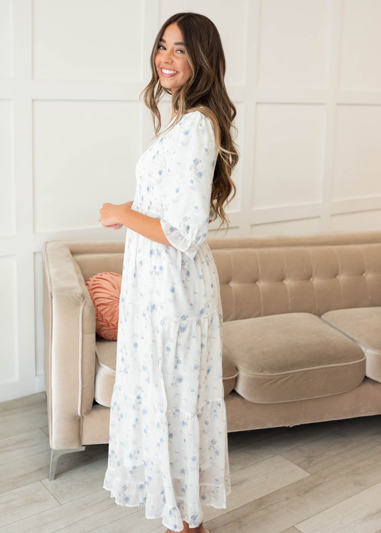 Kristin Light Blue Floral Tiered Dress