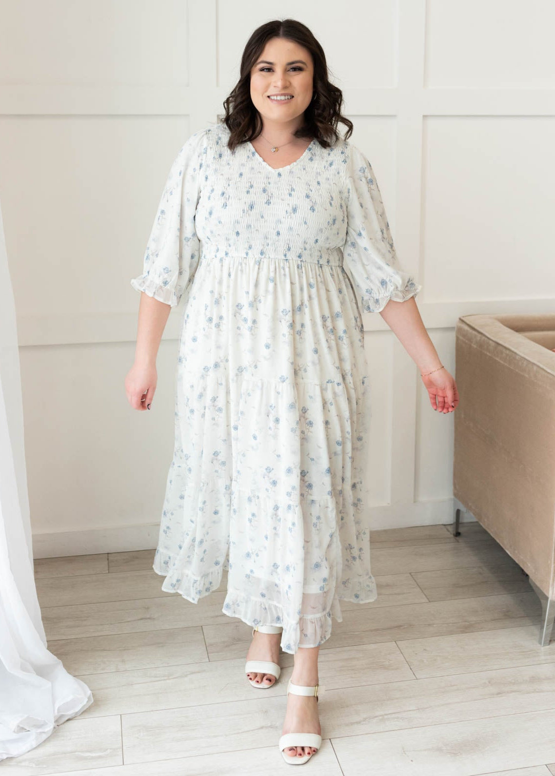 Kristin Light Blue Floral Tiered Dress