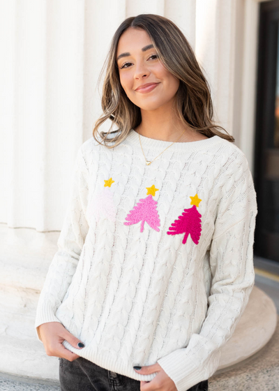 Cream embroidered tree sweater with pink trees