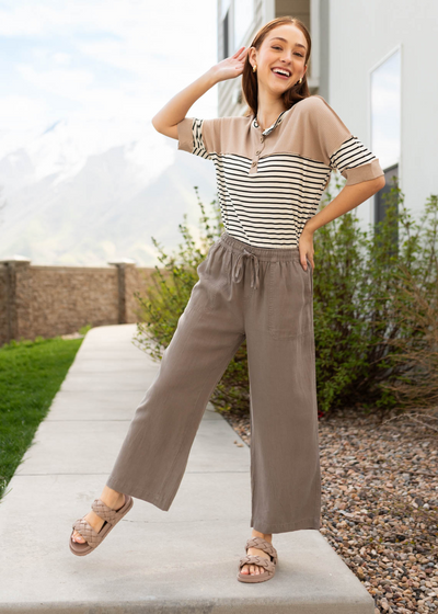 Taupe stripe block top with short sleeves