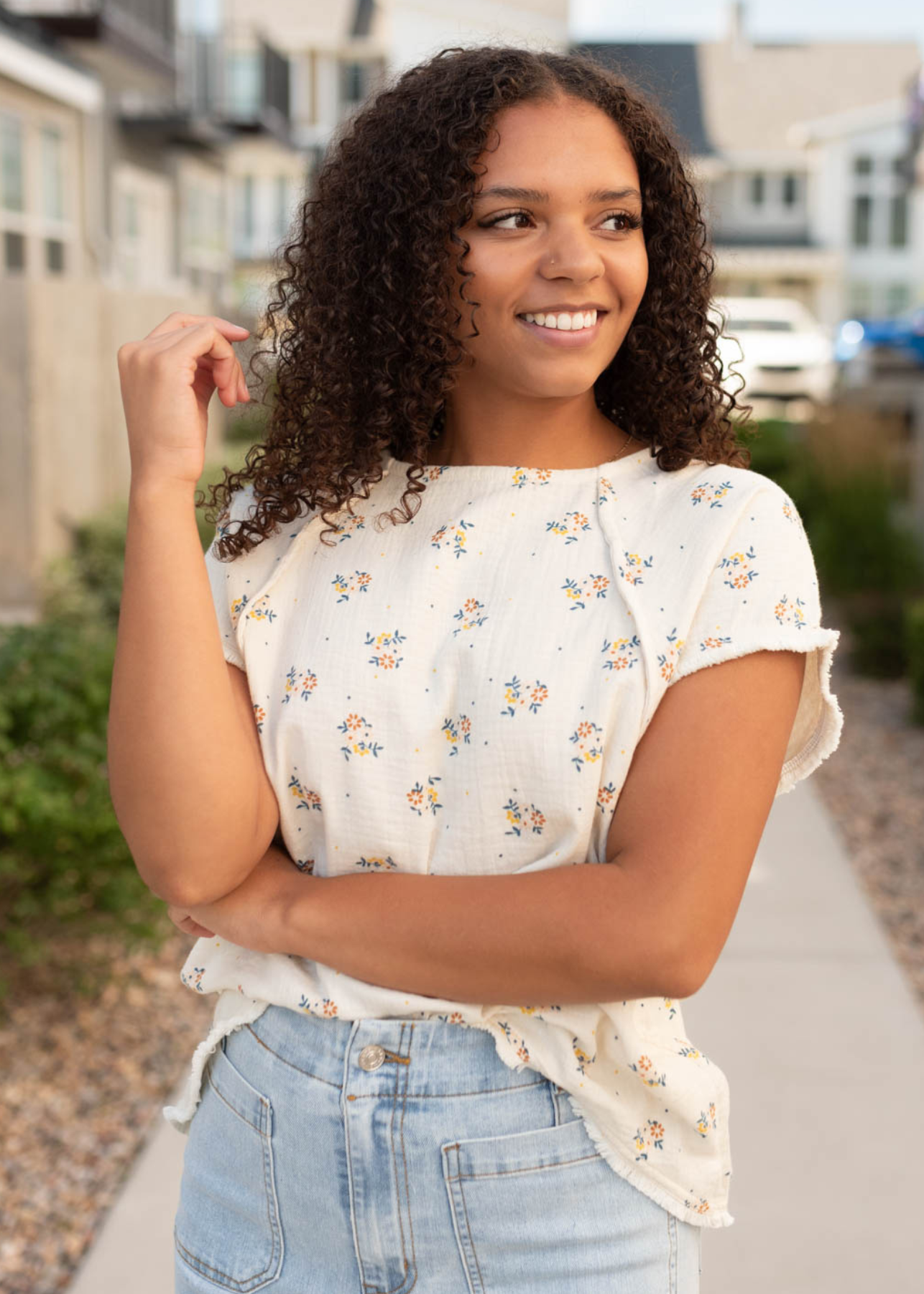 Short sleeve beige floral top