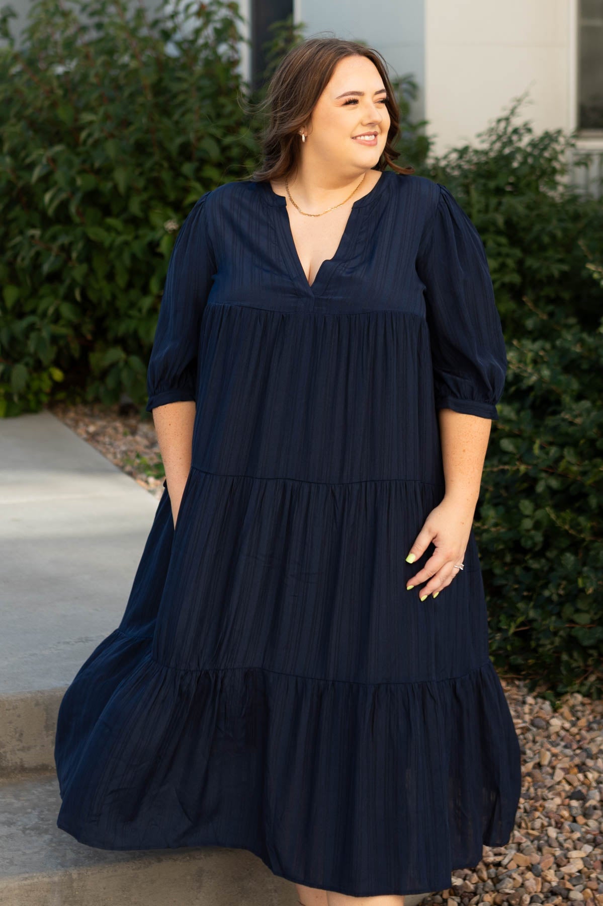 3/4 sleeve plus size navy dress with tiered skirt