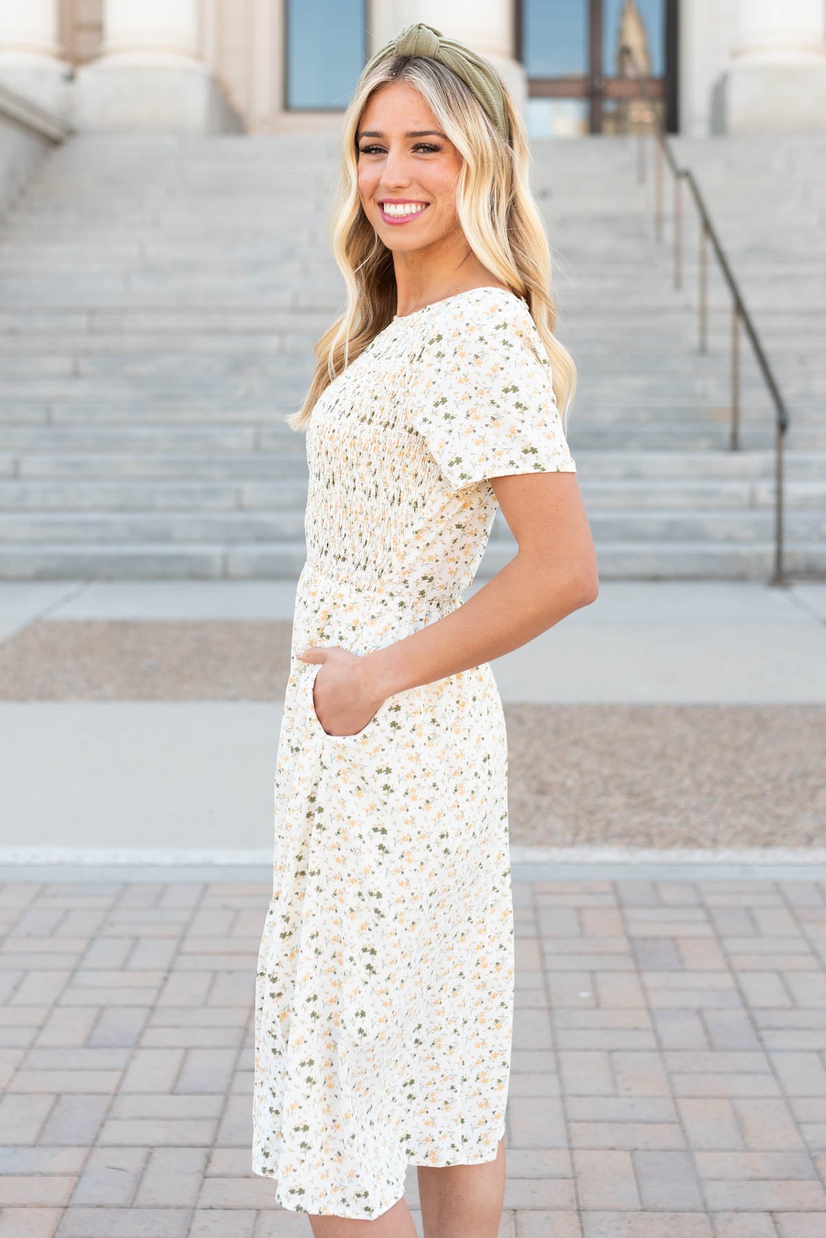 Side view of the floral midi dress