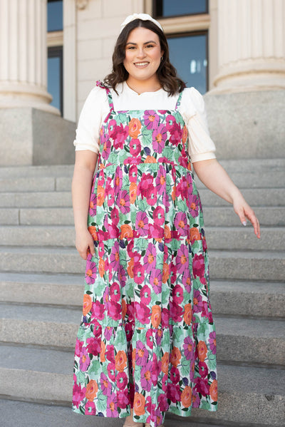 Front view of plus size multi floral tie dress