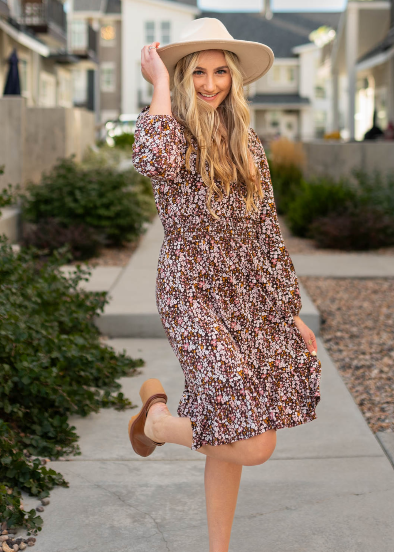 Long sleeve brown floral dress