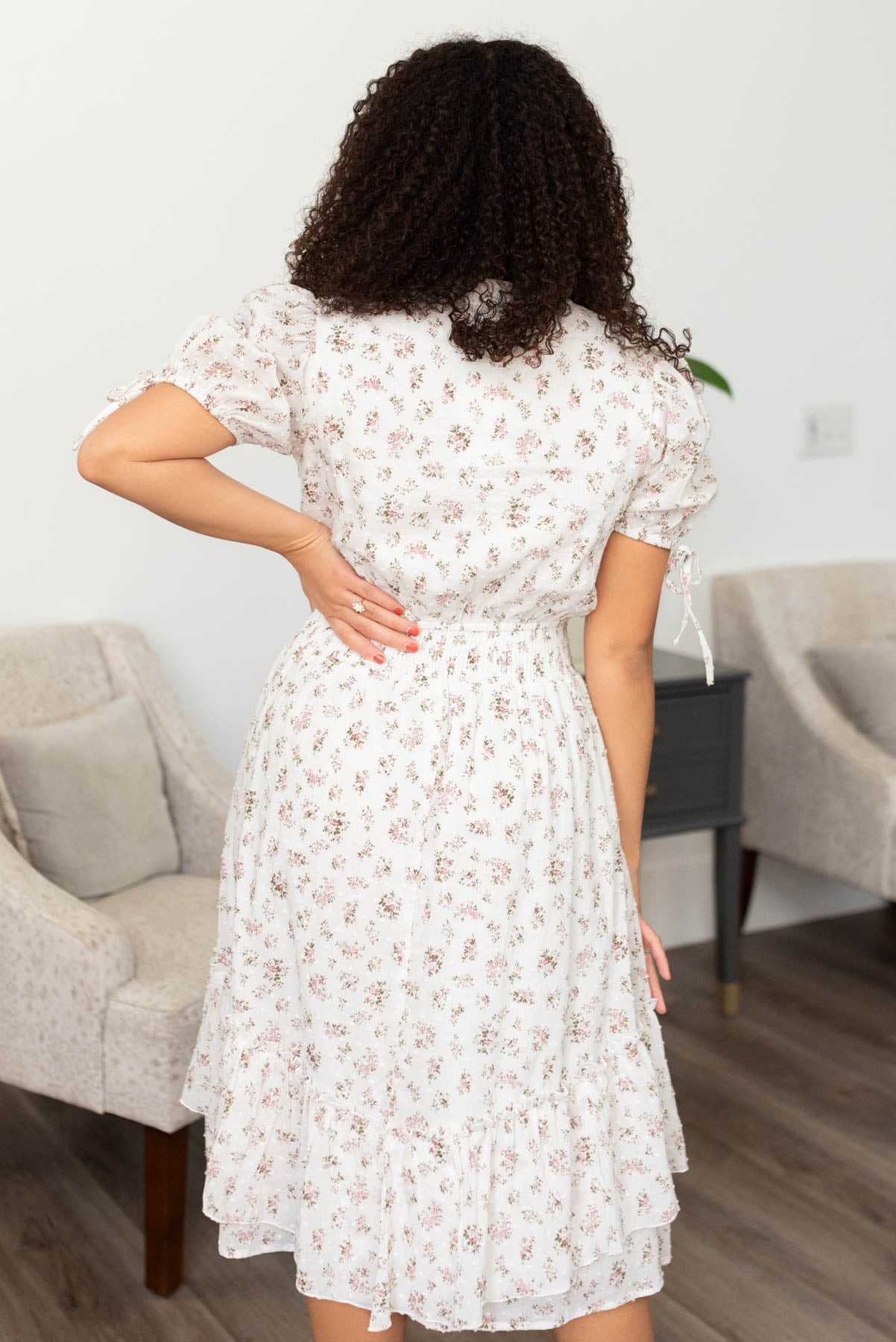 Back view of the swiss dot floral dress