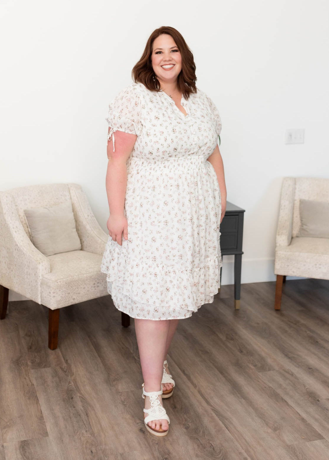 Ivory swiss dot floral dress with bow on the cuff in plus size