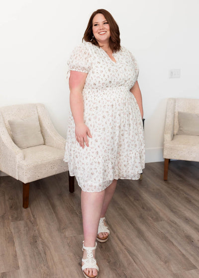 Plus size ivory swiss dot flroal dress