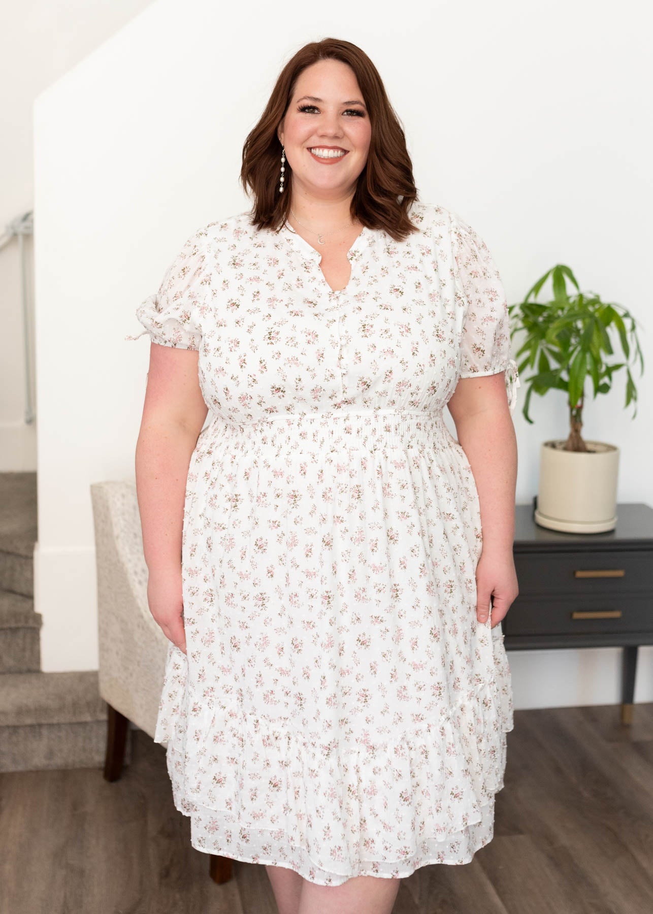 Knee length ivory swiss dot floral dress in plus size