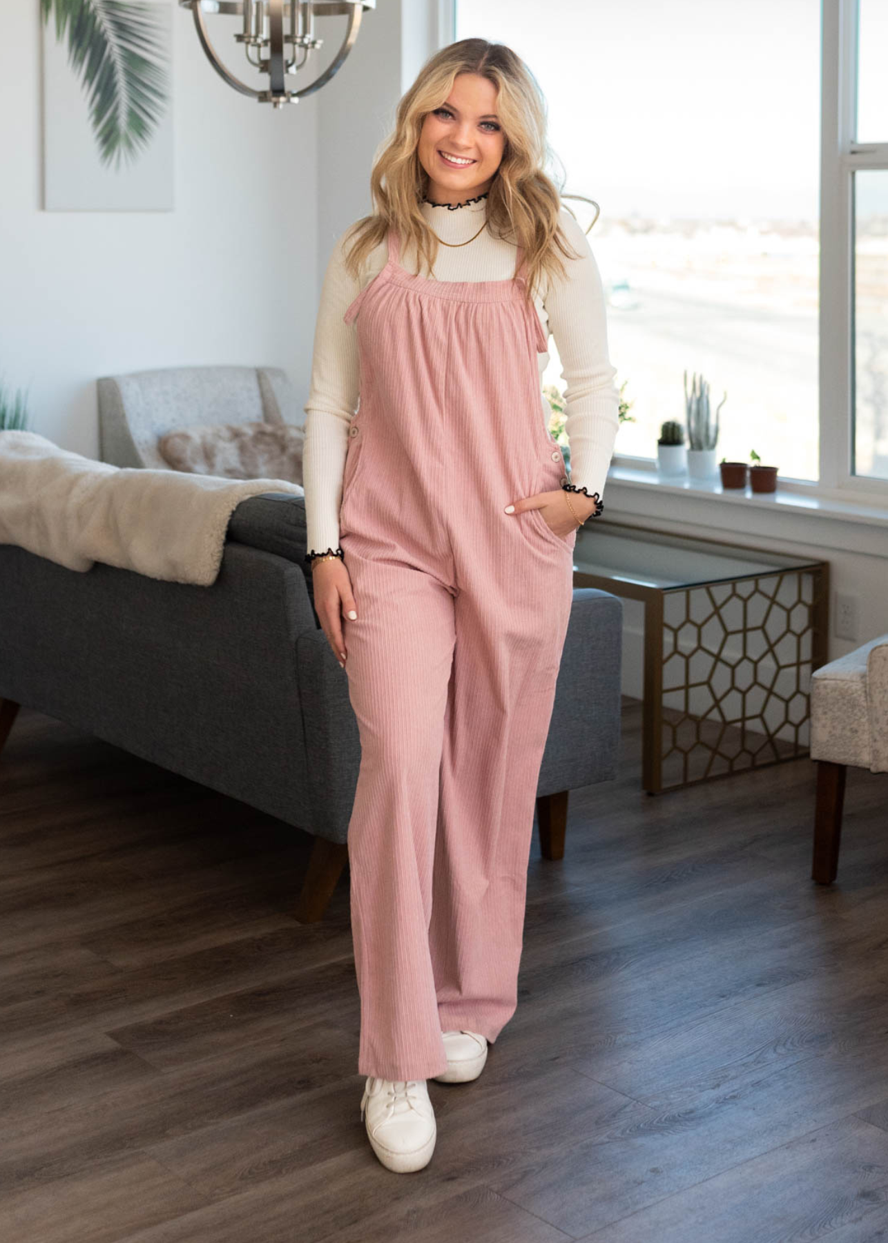 Dusty pink corduroy overalls