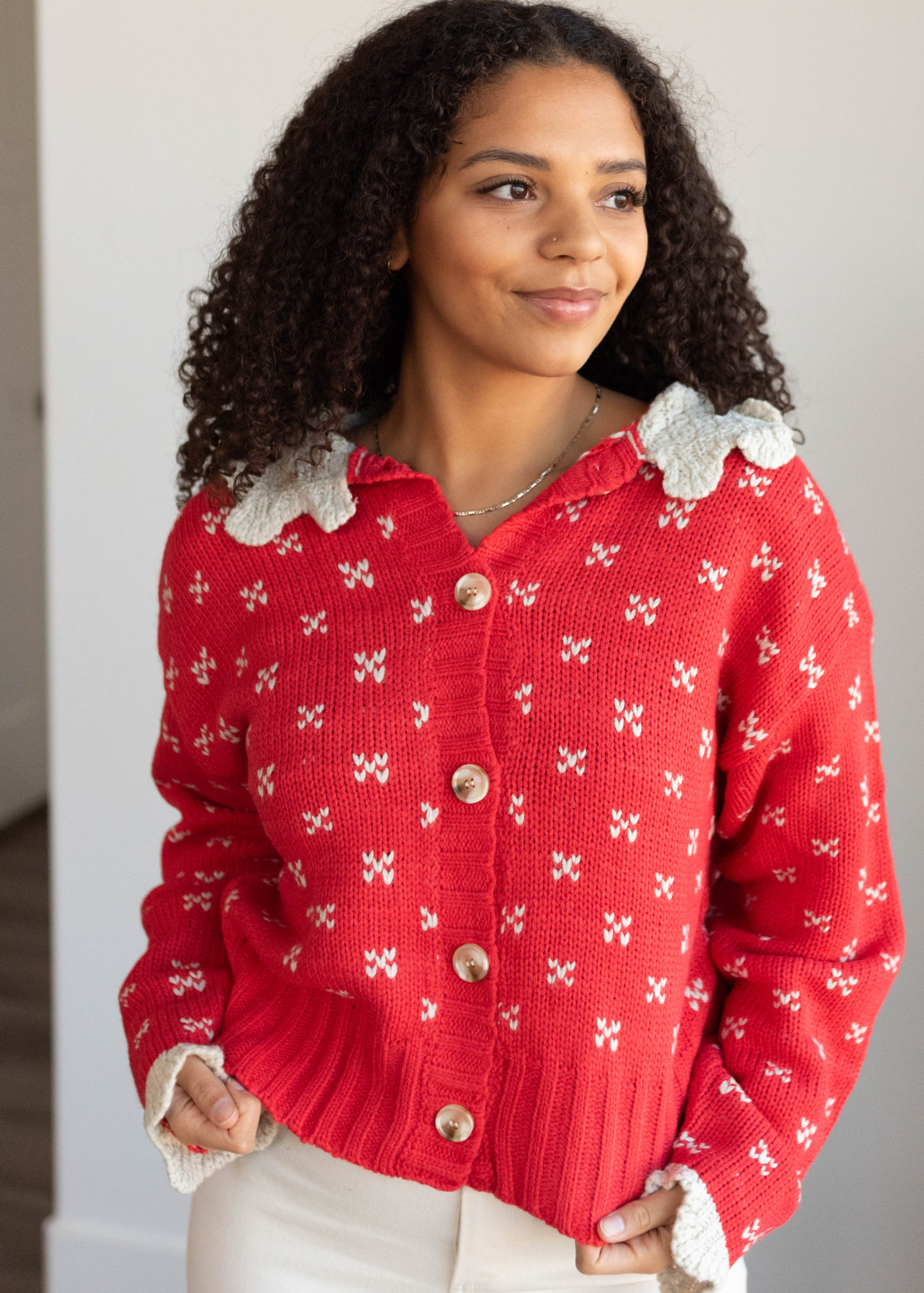 Button up red collared sweater top