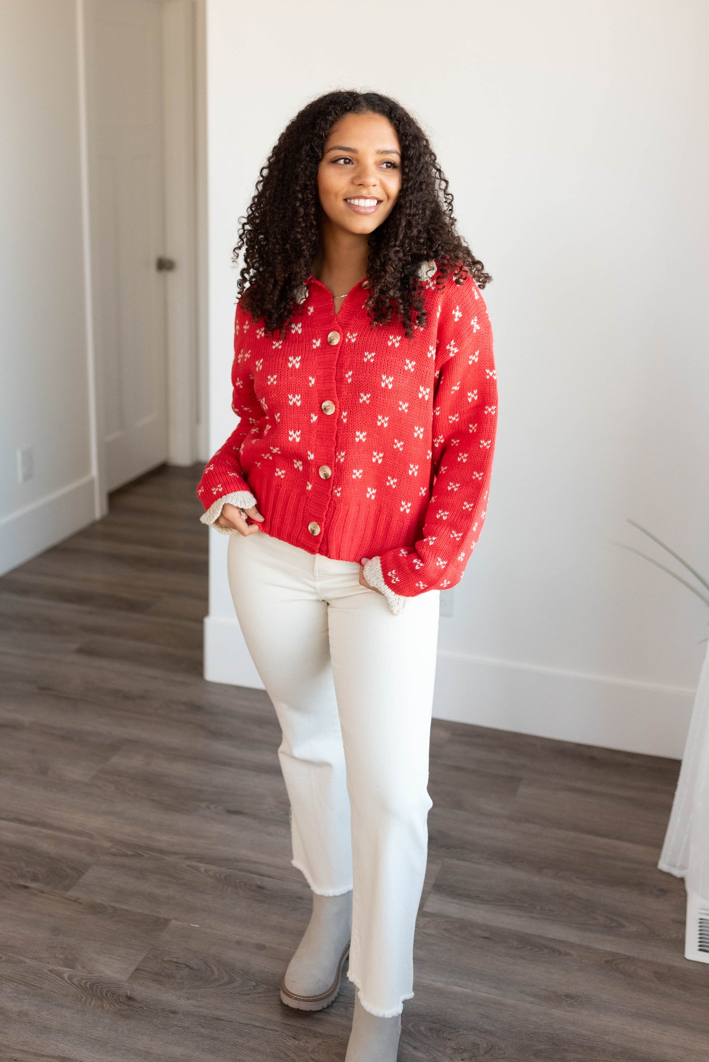 Button up red collared sweater top with long sleeves