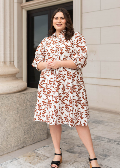 Knee length plus size brown floral dress