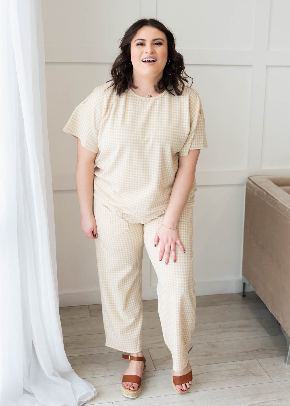 Plus size beige gingham knit pants