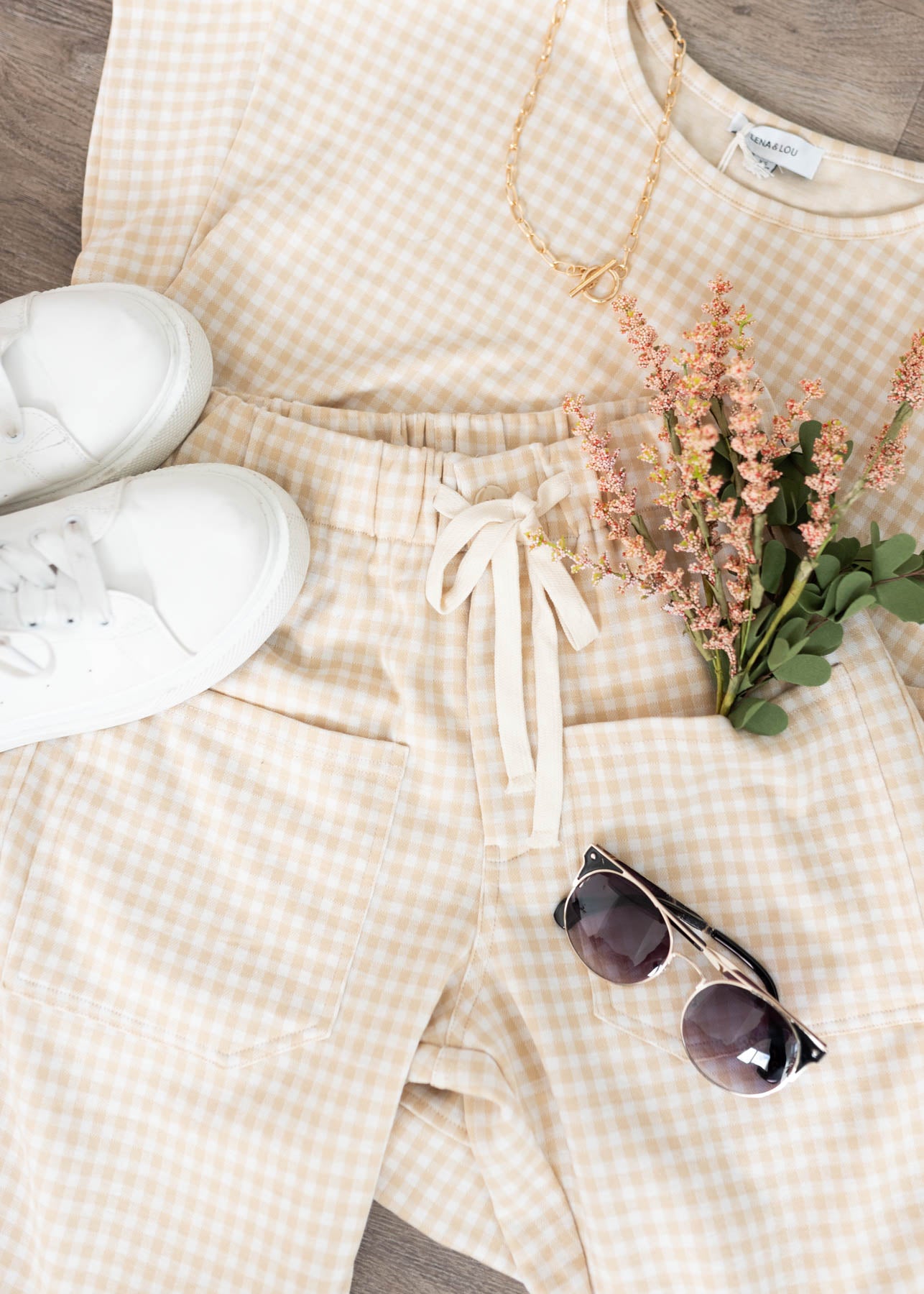 Layout of the beige gingham knit pants and top