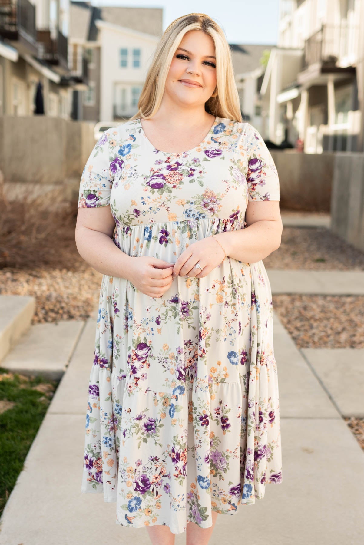 Short sleeve plus size grey floral dress