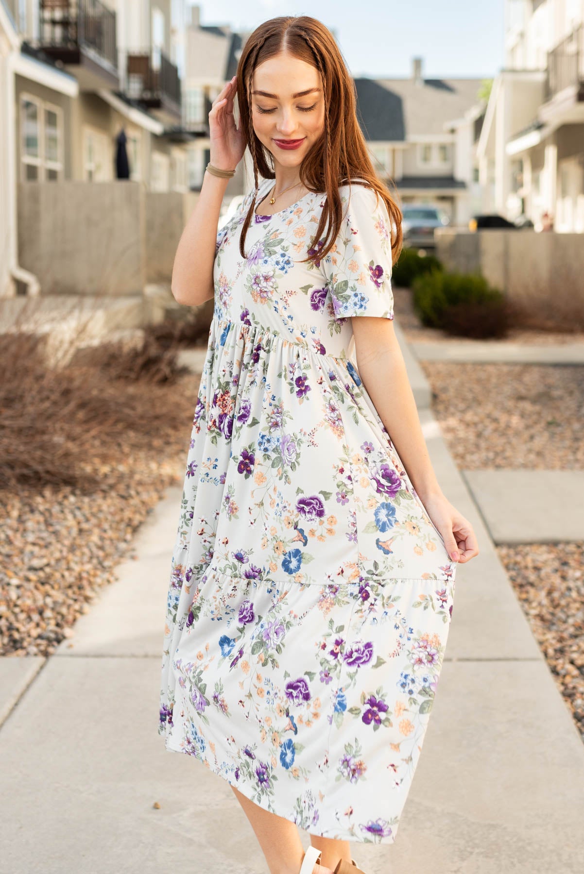 Side view of the grey floral dress