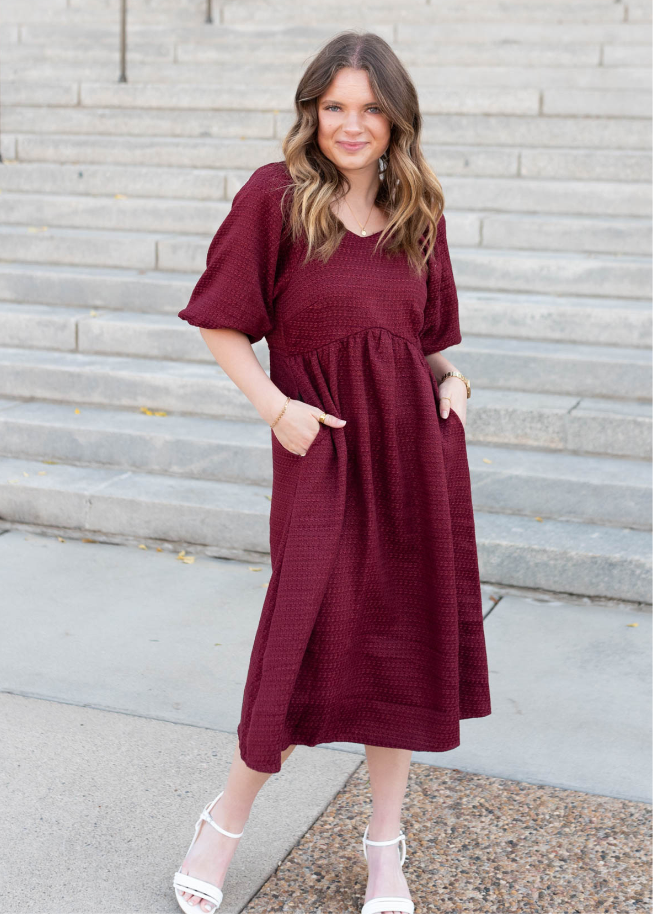 Burgundy textured dress with pockets