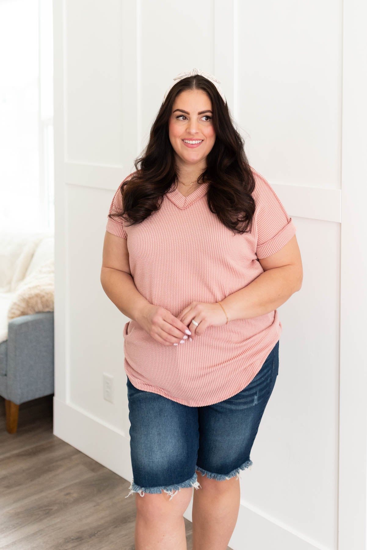 Short sleeve plus size mauve ribbed top