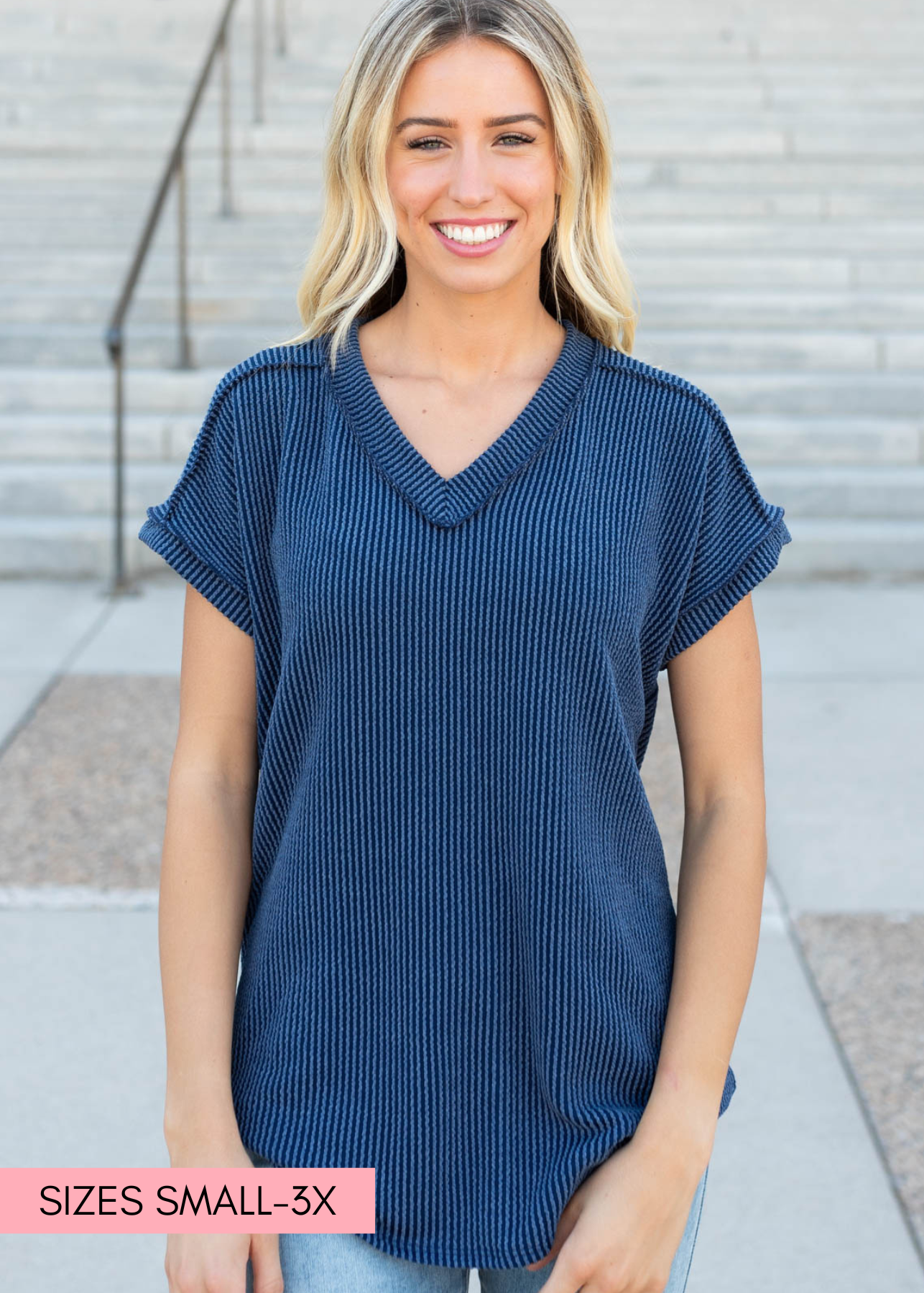 V-neck navy ribbed top