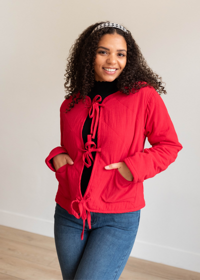 Red quilted tie jacket with front pockets