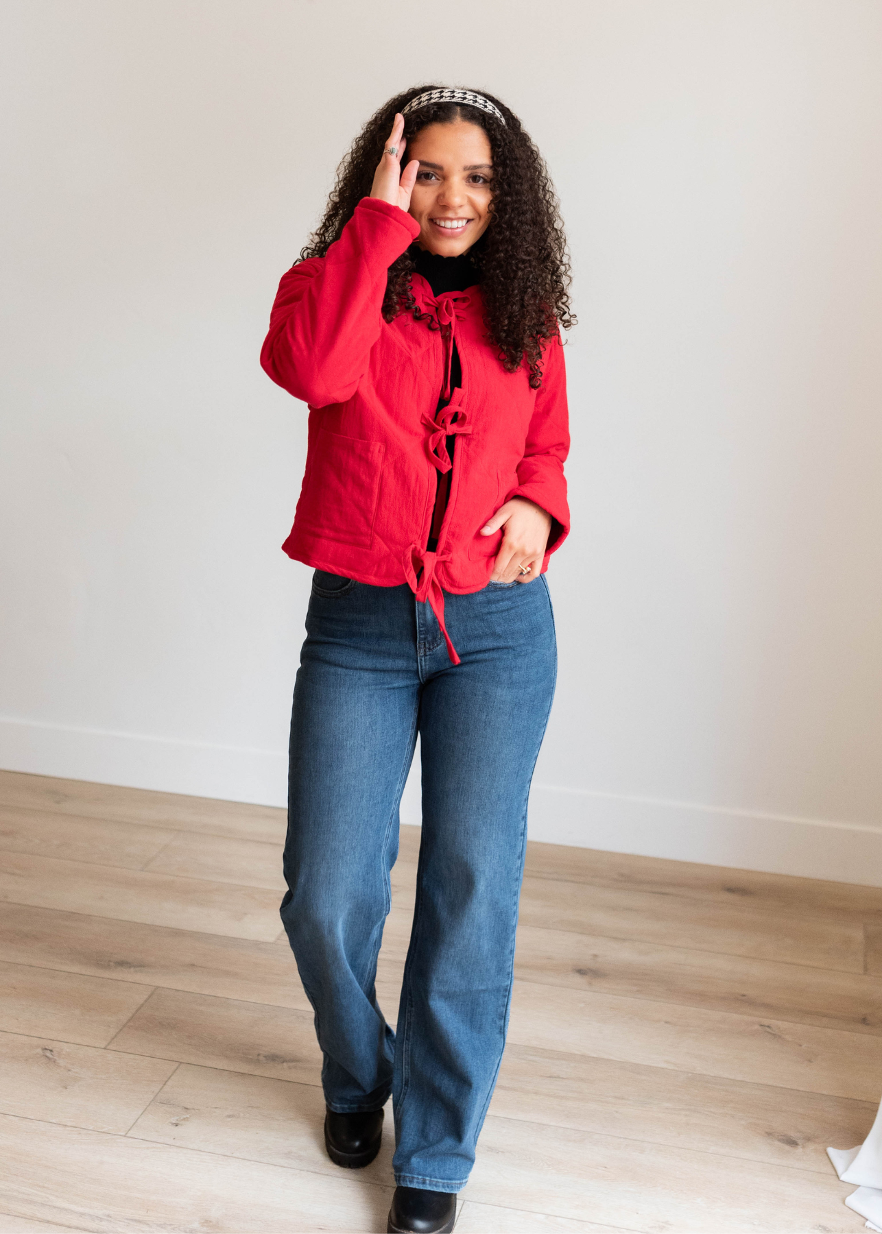 Red quilted tie jacket