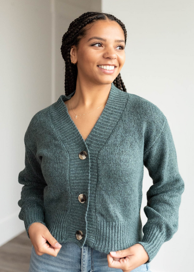 Front view of the ash jade button down cardigan