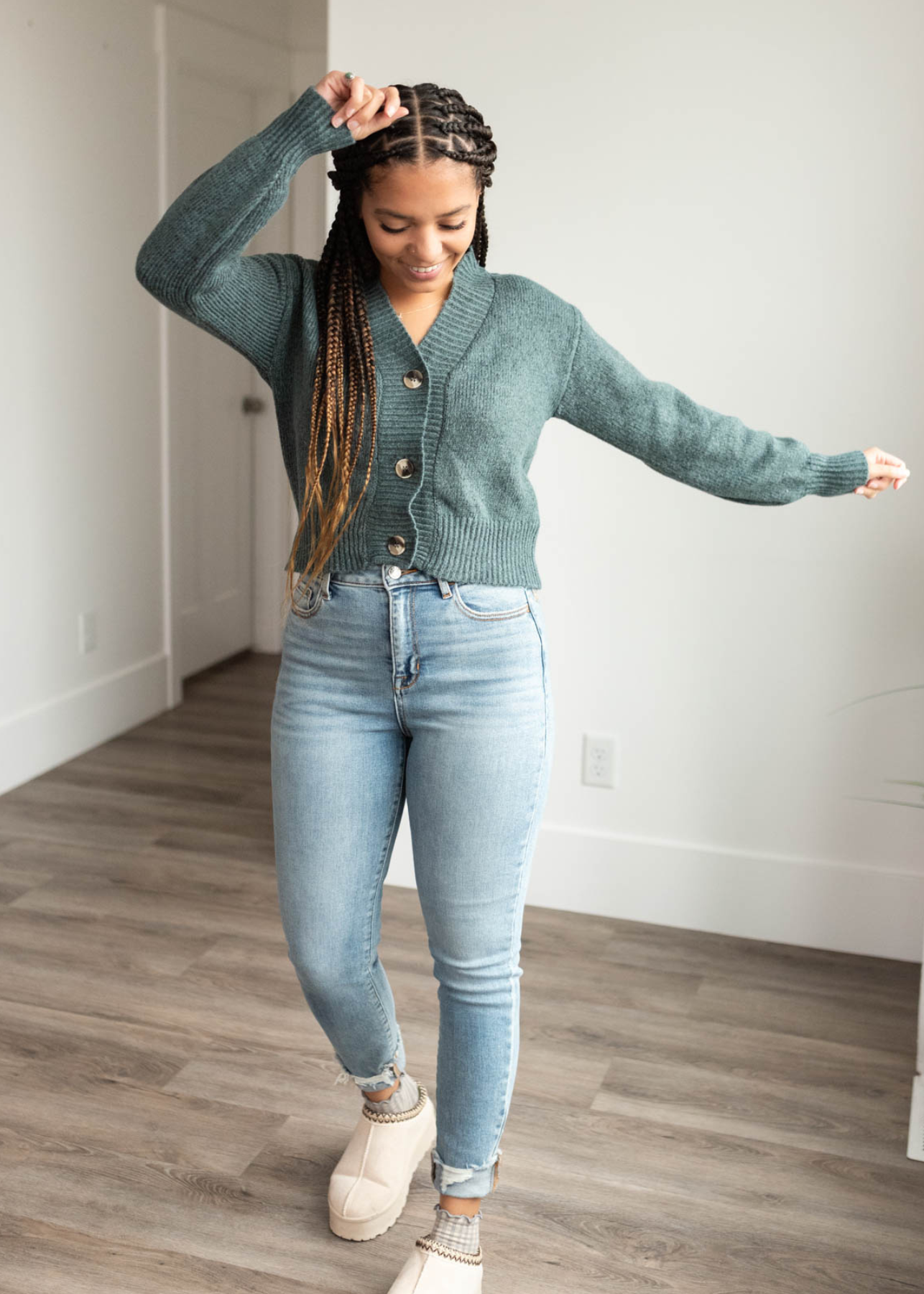 Ash jade button down cardigan with brown and black buttons