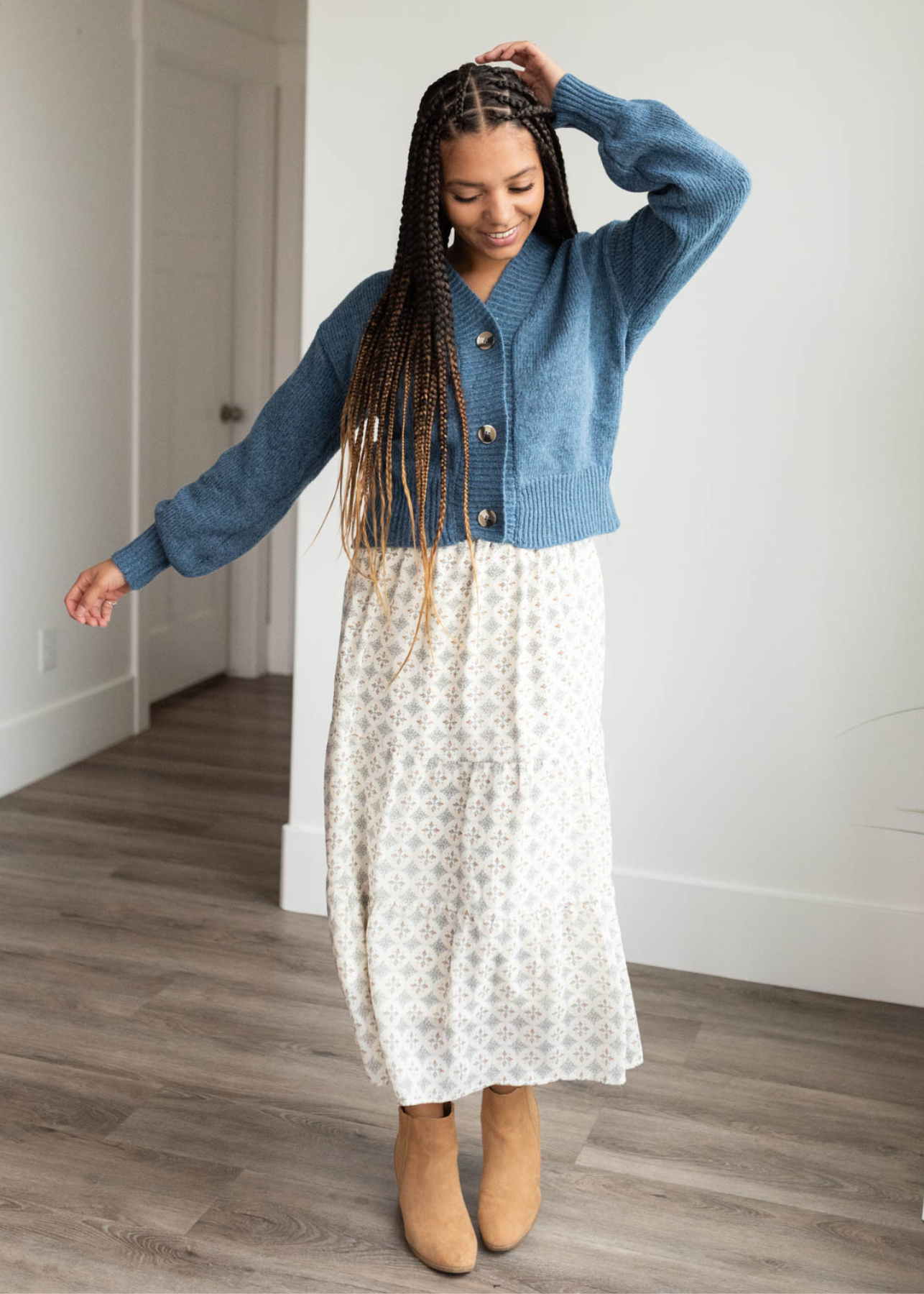 Dusty blue button down cardigan with long sleeves