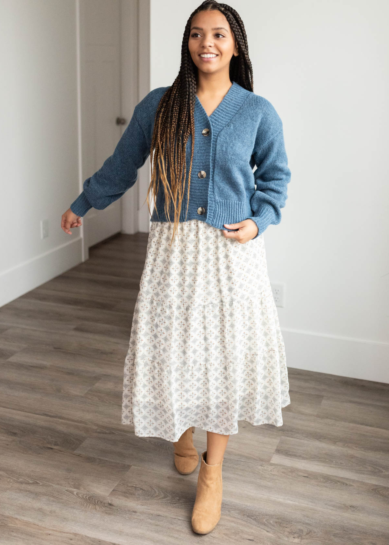 Long sleeve dusty blue button down cardigan