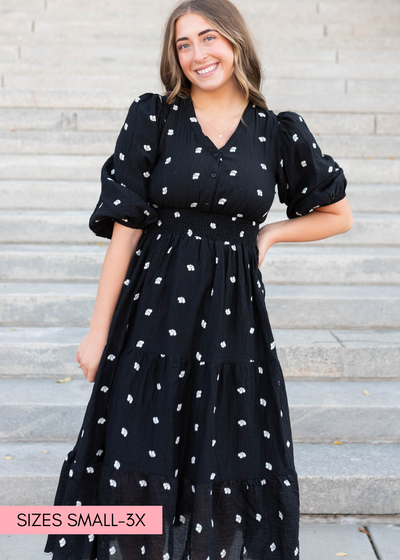 Short sleeve black embroidered button dress