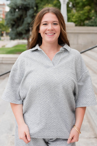 Plus size heather grey collard knit top with drop sleeves