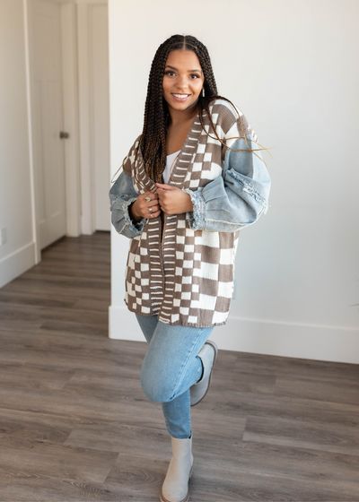 Mocha gingham and denim cardigan with denim sleeves and sweater body