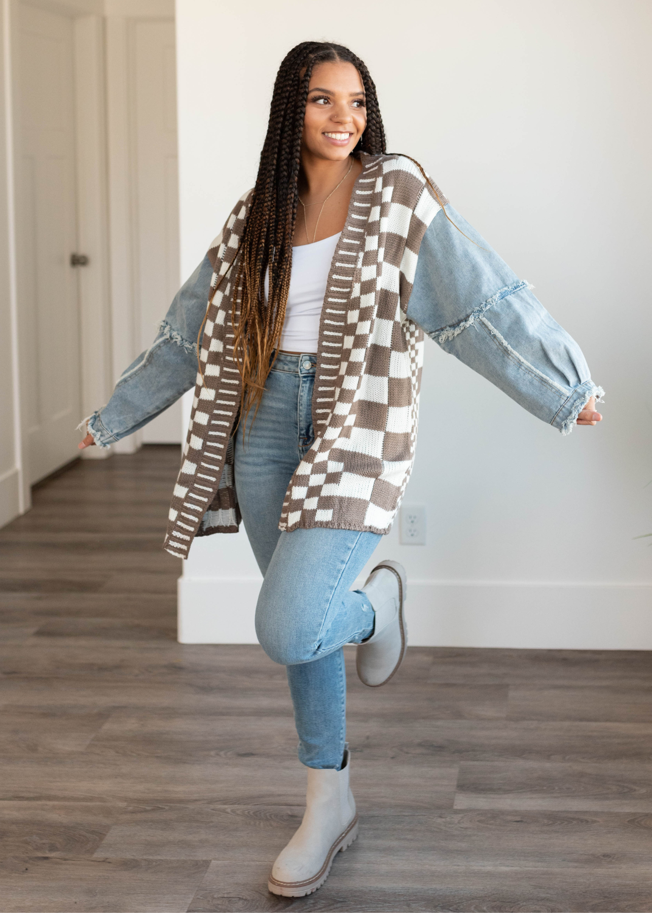 Long sleeve mocha gingham and denim cardigan