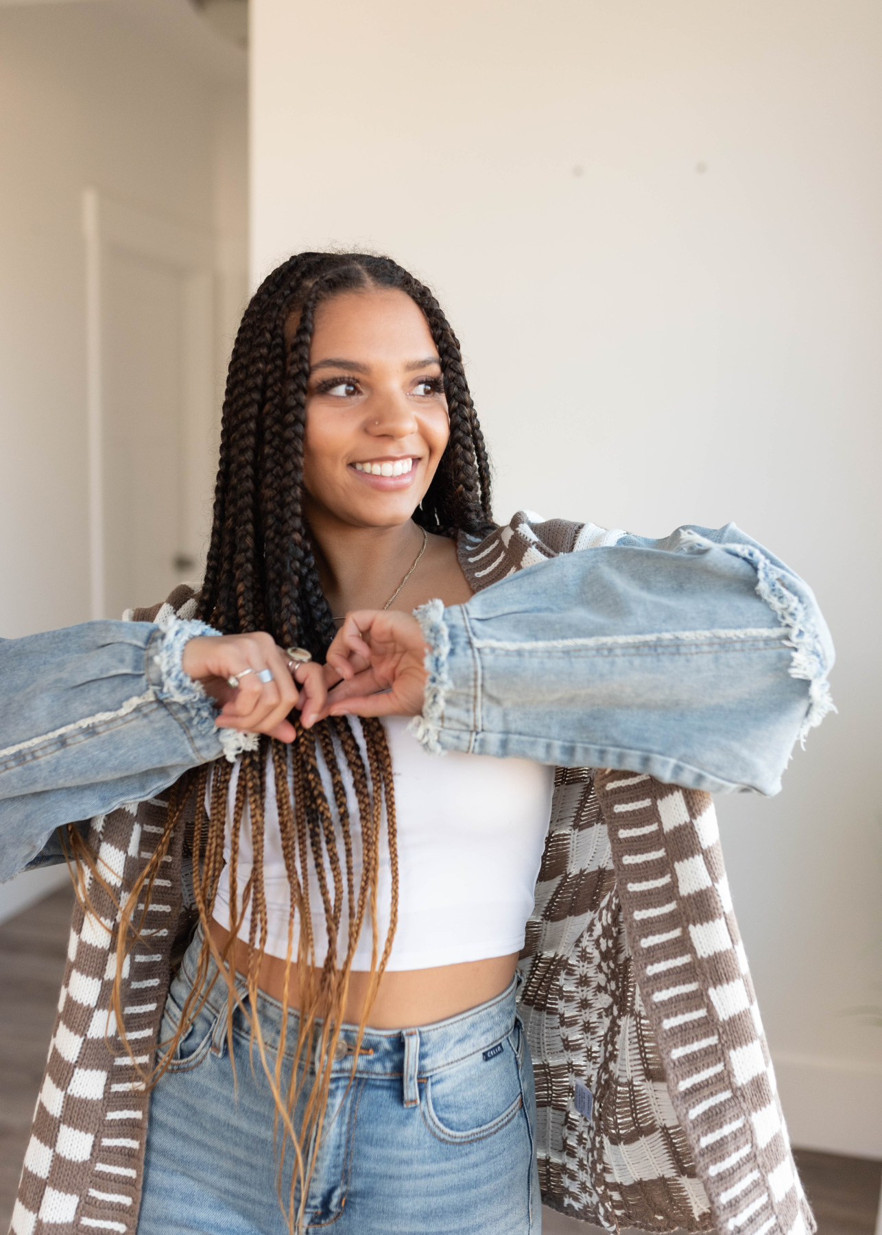 Long sleeve mocha gingham and denim cardigan