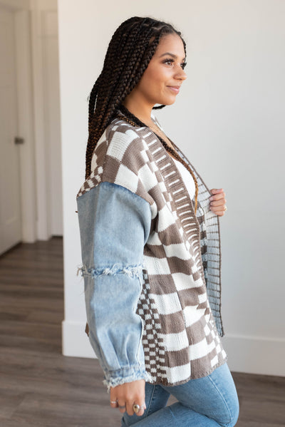 Side view of the mocha gingham and denim cardigan