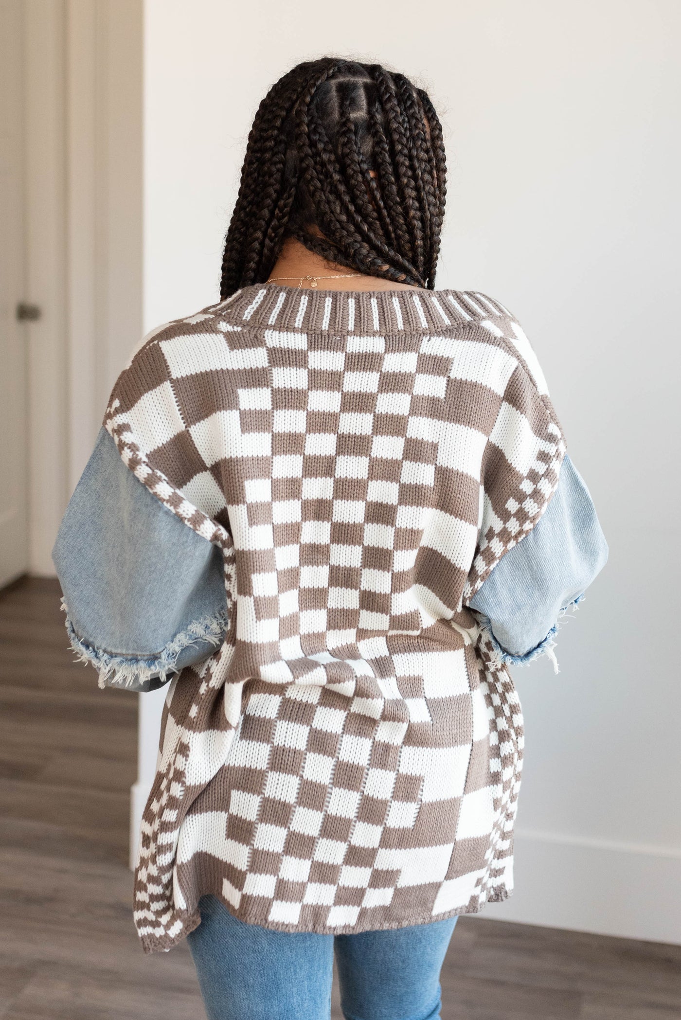 Back view of the mocha gingham and denim cardigan