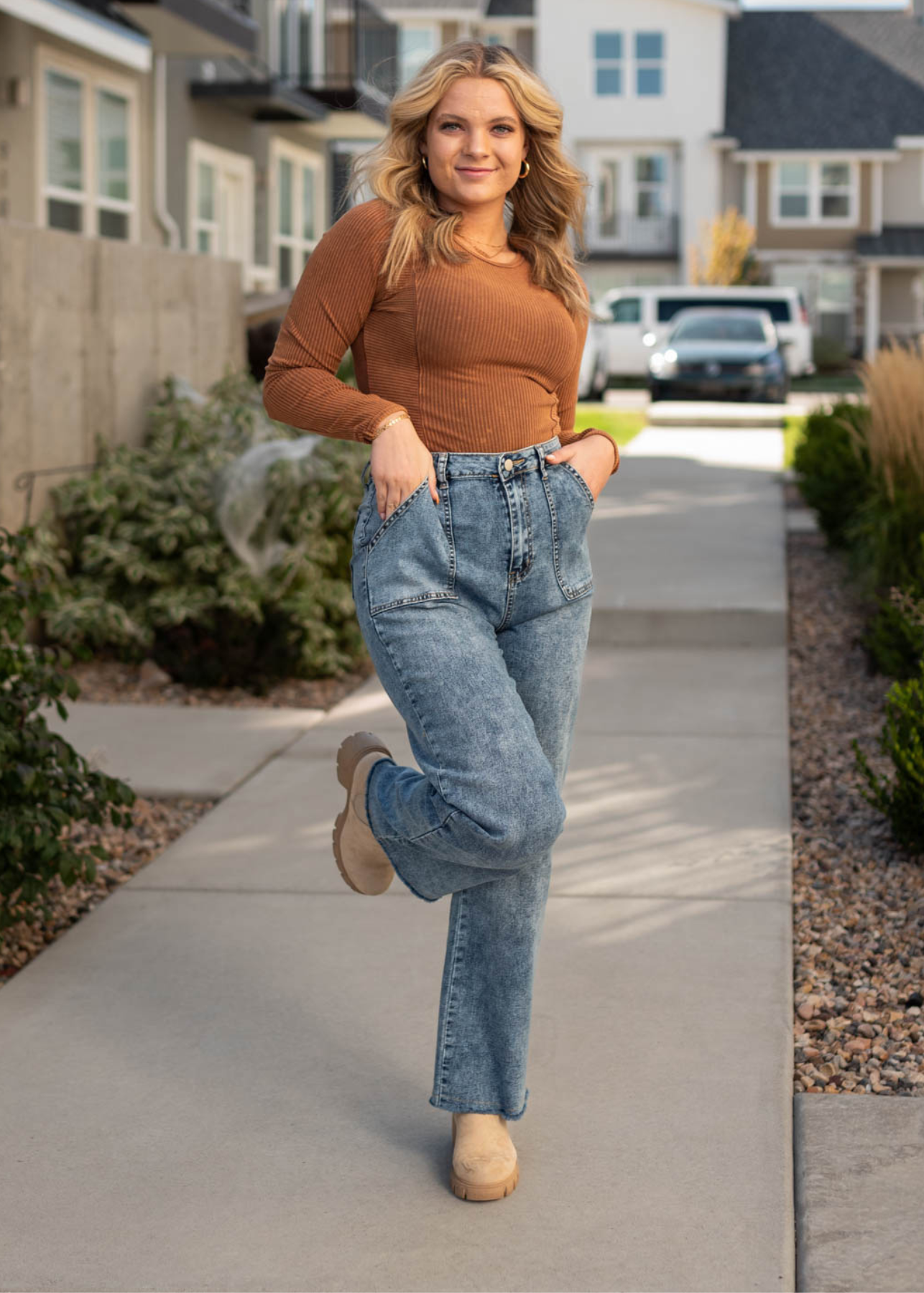 Front view washed wide leg pants