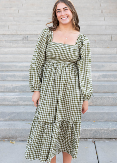 Square neck olive gingham square neck dress 