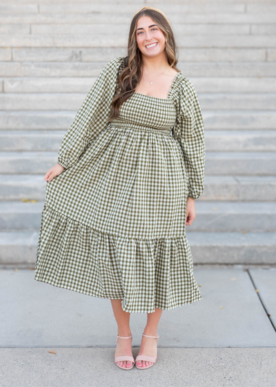 Olive gingham square neck dress with long sleeves